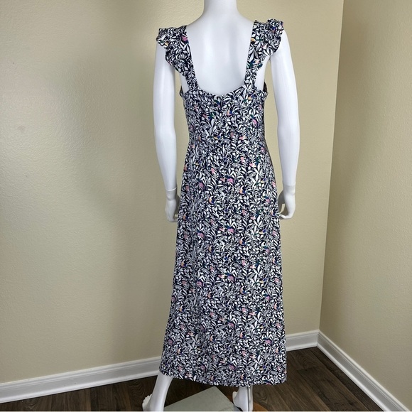 Loft Women’s Size 4 Blue Floral Bird Ruffle Strap Midi Dress Sleeveless Slit - Picture 8 of 15